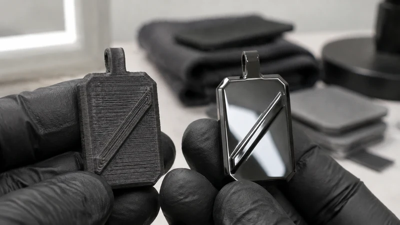 Deux étiquettes imprimées noires tenues dans des mains gantées : des lignes de couche brutes à gauche, une surface brillante à droite