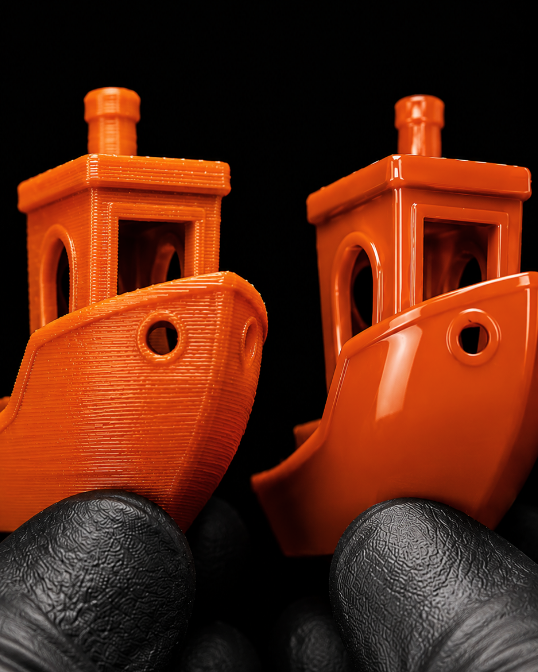 Deux impressions 3DBenchy orange, l’une avec des lignes de couche brutes, l’autre avec une finition soignée