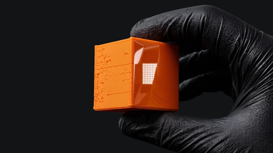 One orange 3D-printed cube held in a black glove: raw layer lines on one half, a polished finish on the other