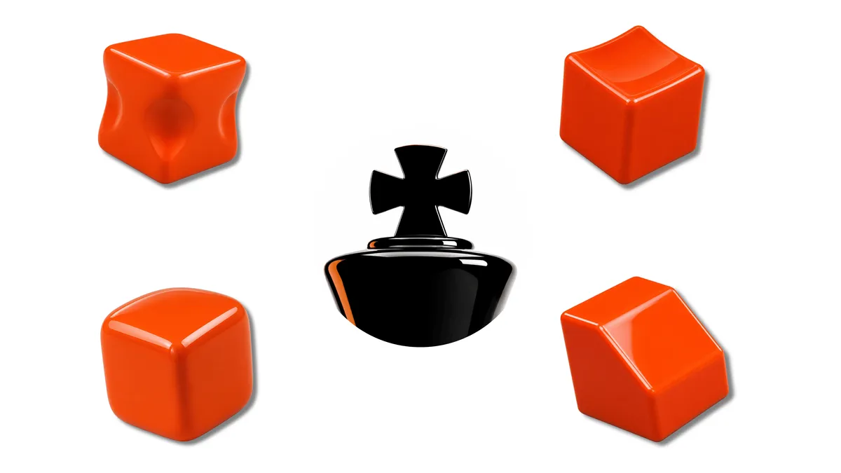 Four practice cube shapes and a finished chess piece model, showing the progression from isolated shapes to a complex part
