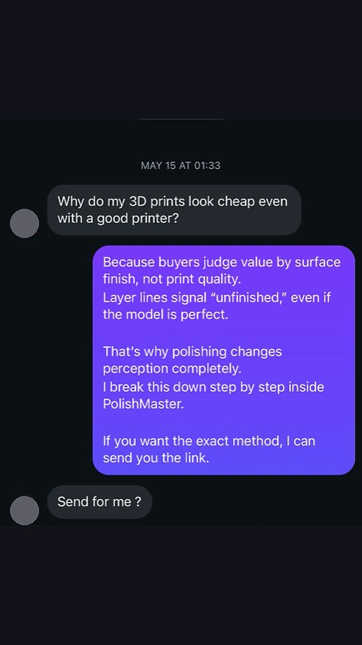 Inbox message about prints looking cheap and a request for the method link