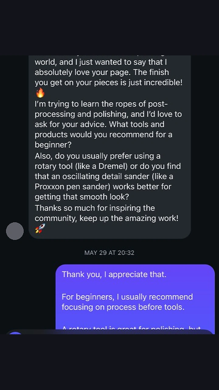Inbox message praising finished surfaces and asking about polishing tools